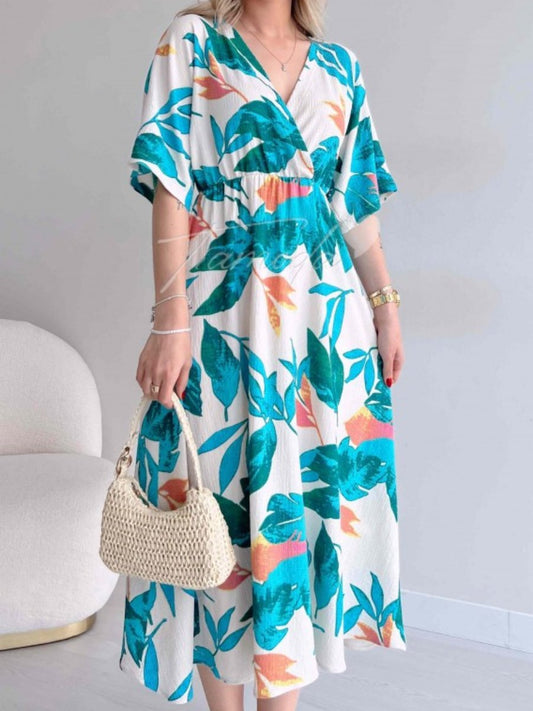 Summer Loose V-neck Tight Waist Printed Midi Dress