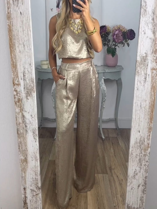 Fashion Shiny Vest Pants Two-piece Set