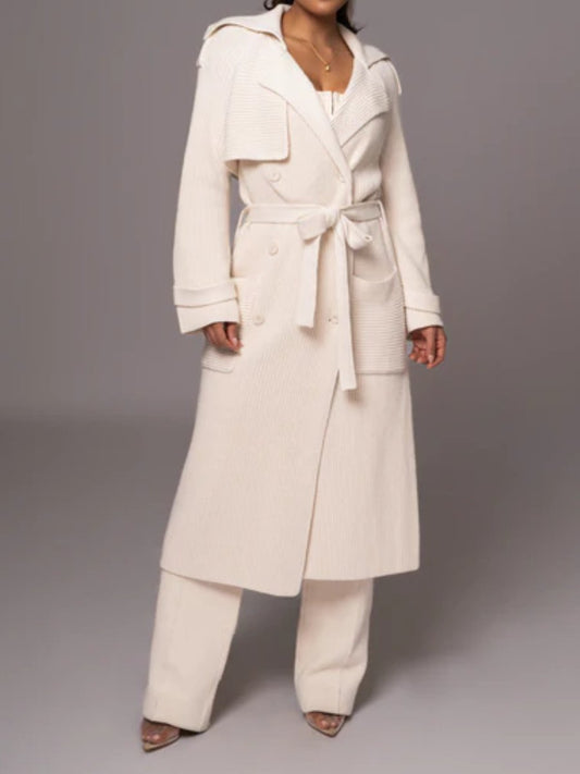 Chic Ivory Knit Cardigan Trench Coat