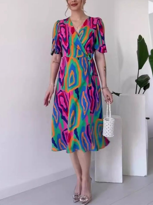 Fashion Printed Casual V-neck A-Line Dress