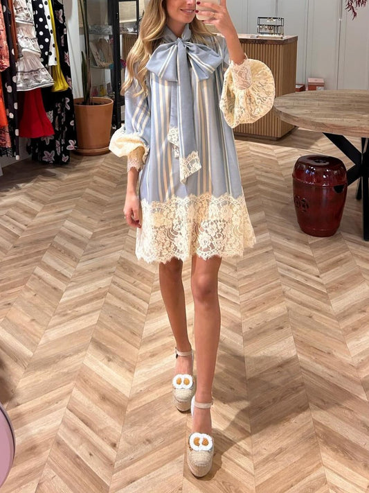 Elegant Bow Collar Lace Mini Dress