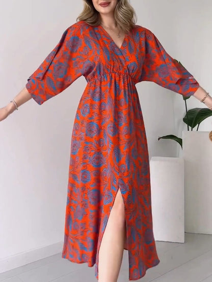 Comfortable V-Neck Printed Maxi Dress