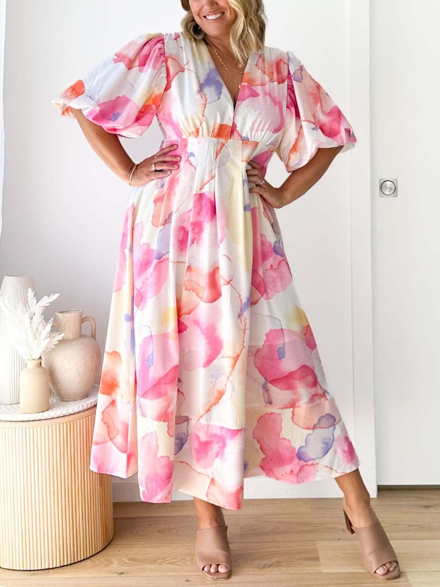 Elegant Floral Printed Puff Sleeve A- Line Maxi Dress