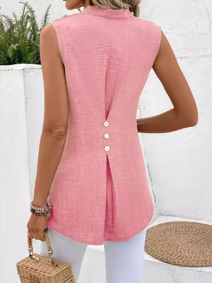 V-Neck Sleeveless Solid Button Top