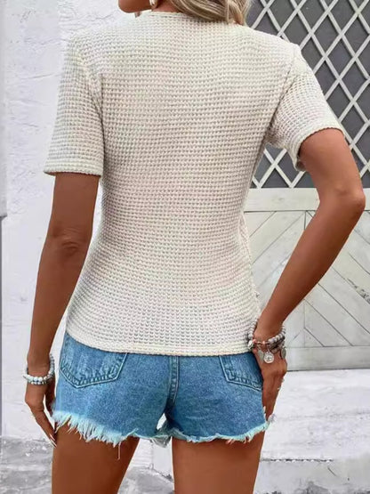 Sexy V-neck Button Pleated Knitted Solid Color Short Sleeve T-shirt