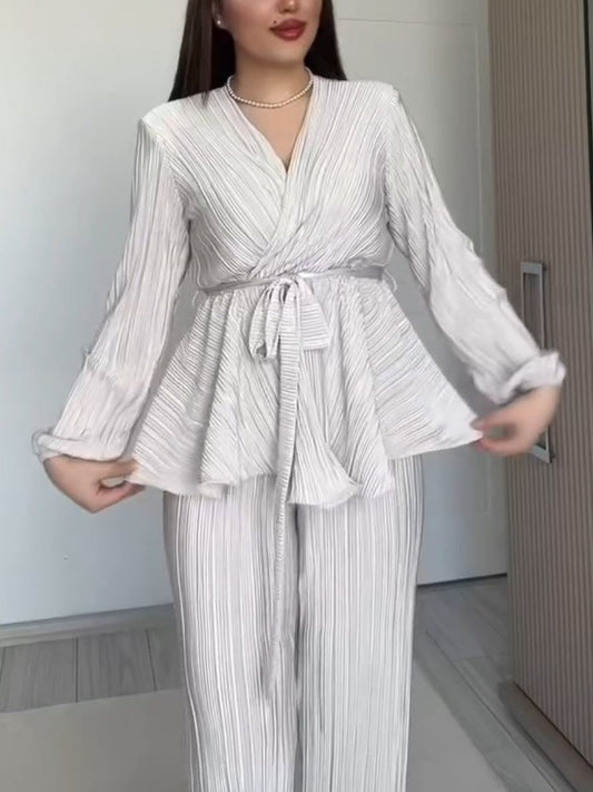 Elegant V-neck Bubble Sleeve Two-piece Trousers