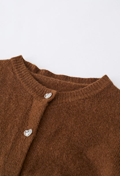 Heart Button Cropped Knit Cardigan Brown