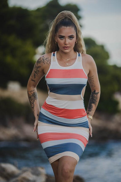 Striped Print Colorblock Cutout Waist Tank Dress