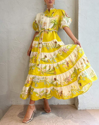 The Tiered Midi Dress in Lemon / Cream