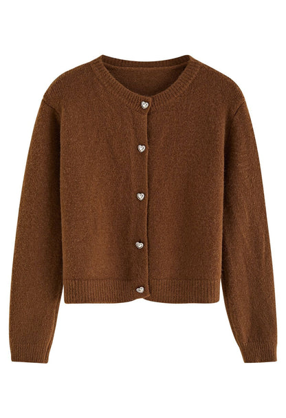 Heart Button Cropped Knit Cardigan Brown