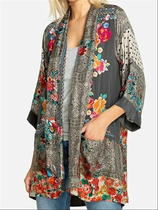 Casual Loose Floral Print Cardigan Long Sleeve Blouse