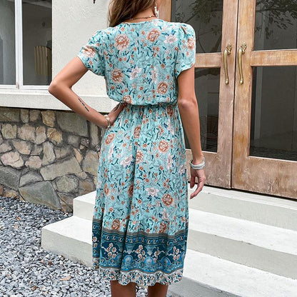 V-Neck Short Sleeve Vintage Print Dress