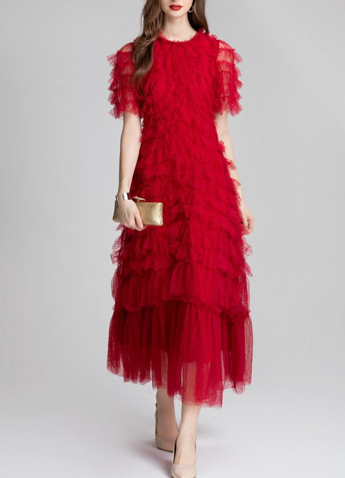 Ruffled Tulle Gown In Red
