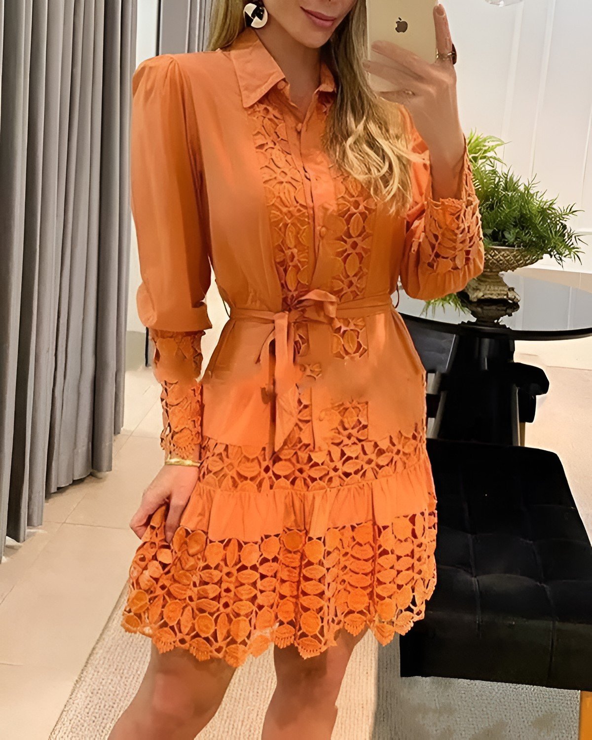 Guipure Lace Patch Shirt Dress With Cami Dress