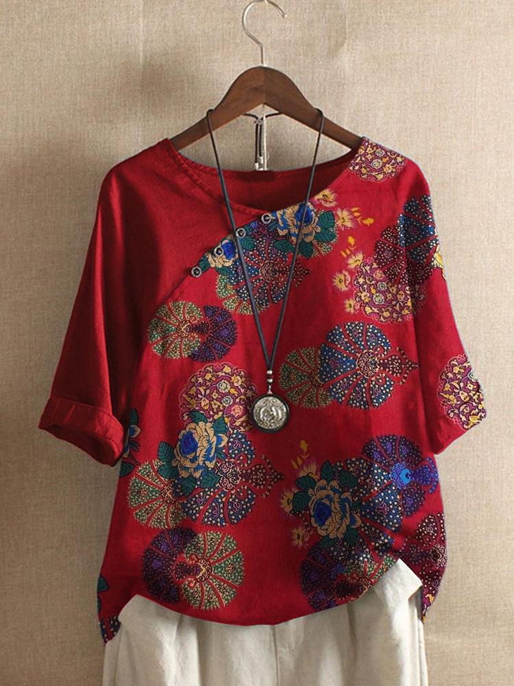 Women's Button Short Sleeve Floral Print T-Shirt