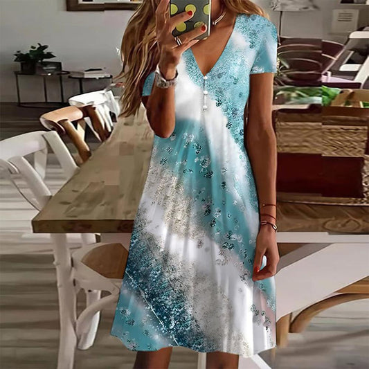 Blue Short Sleeve Print Mini Dress