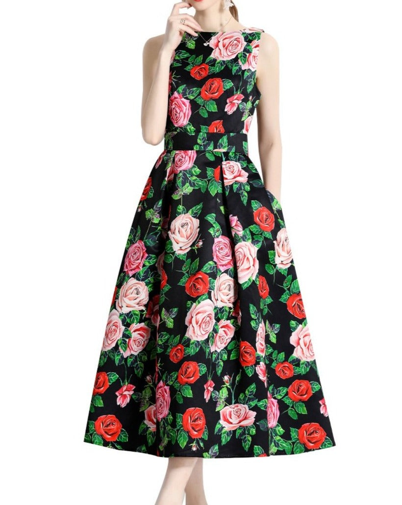Red Flower Vntage Print Dress