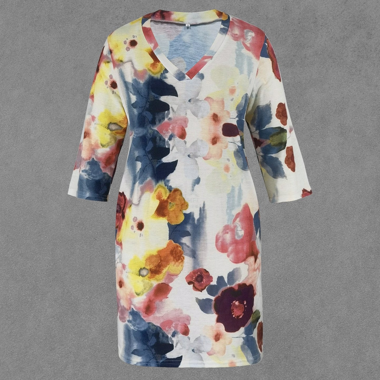 Mid-Sleeve Watercolor Small Flower Print Pocket Dress
