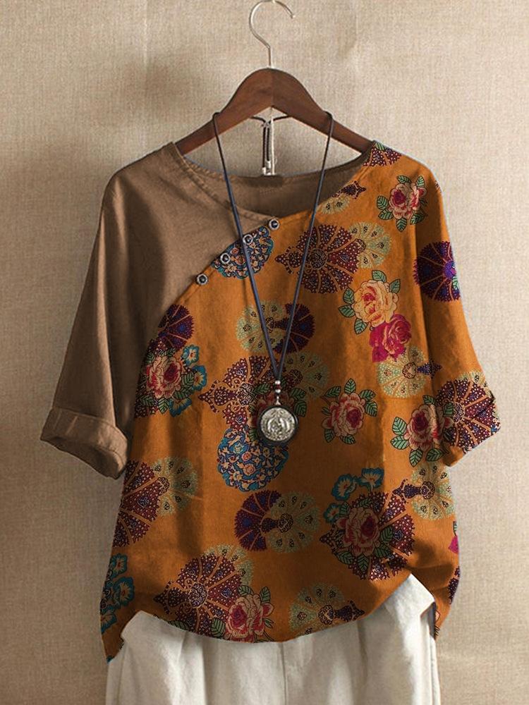 Women's Button Short Sleeve Floral Print T-Shirt