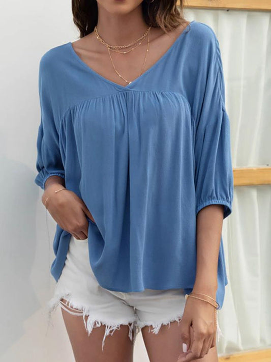 V-Neck Loose Casual Pleated Short Sleeve Top