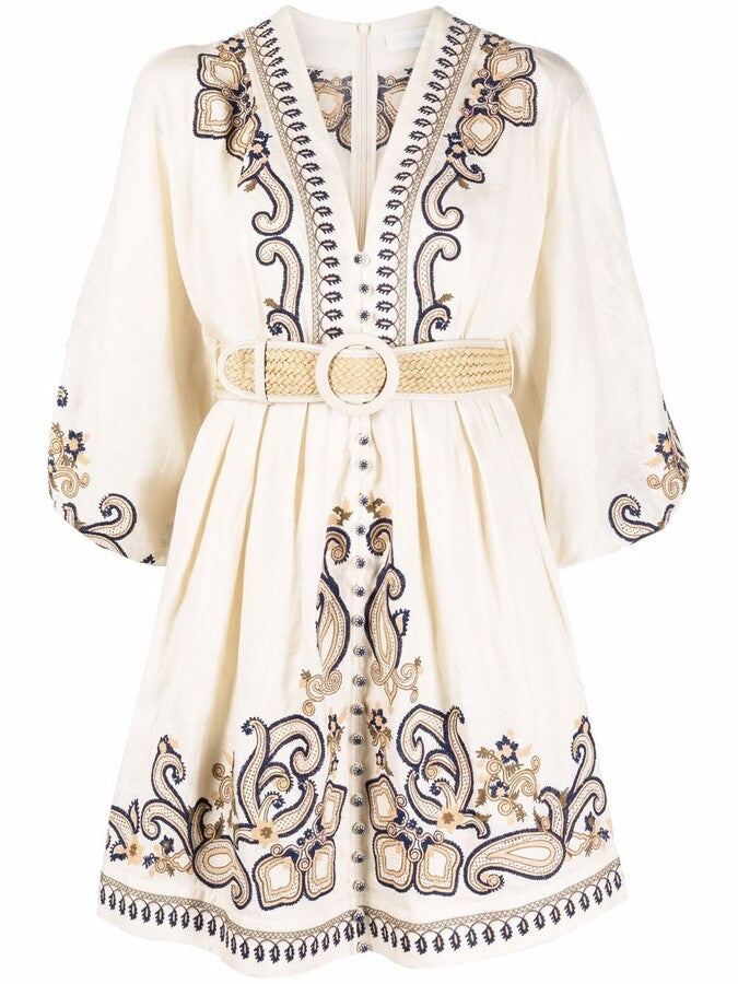 Embroidered Belted Dress