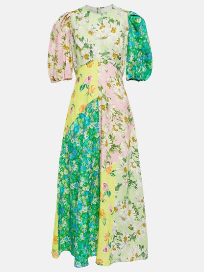 Patchwork Floral Printed Linen Midi Dress