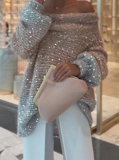 Sequined One-shoulder Loose Sweater