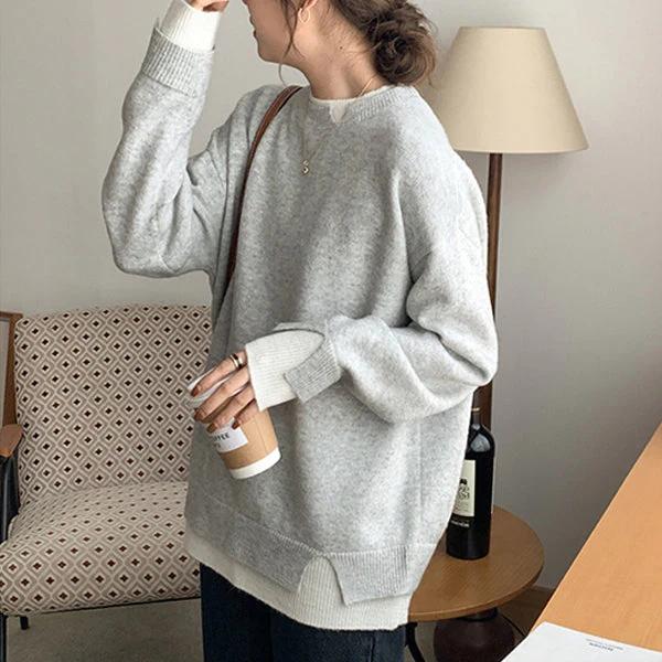 Gray and White Oversized Cut-Out Long Sleeve Twofer Sweater