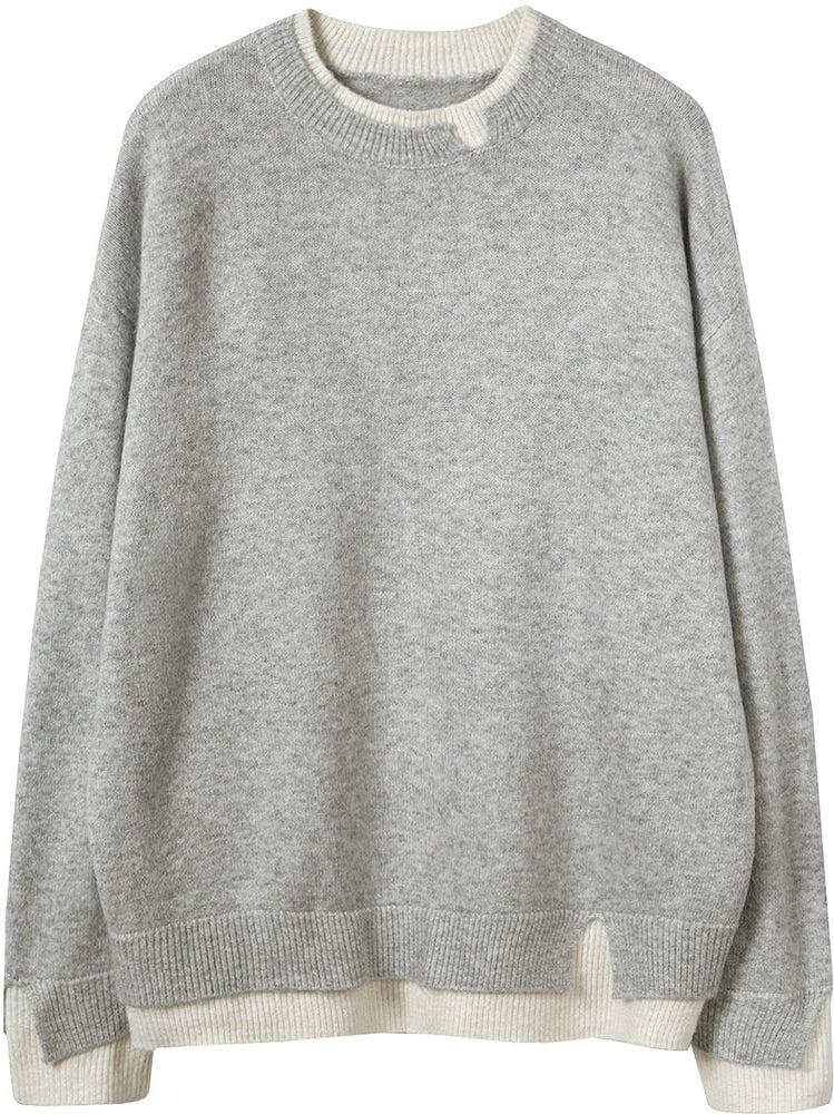 Gray and White Oversized Cut-Out Long Sleeve Twofer Sweater